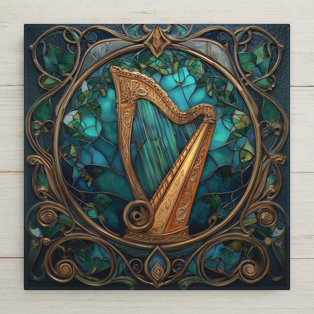 Celtic harp tile in teal, gold, and emerald hues. Art Nouveau stained glass style design adds elegance to any space. Perfect for music lovers, harpists, and Irish décor. Optional wall hanger, easel tile stand, cork backing, or premium frame available.