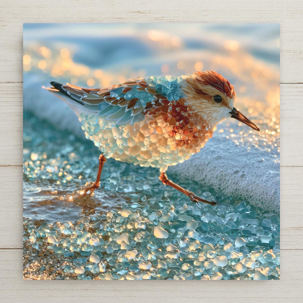 Sea glass style ceramic tile of a small sandpiper running on wet sand with a soft foam line behind it in warm cream taupe and pale blue frosted glass