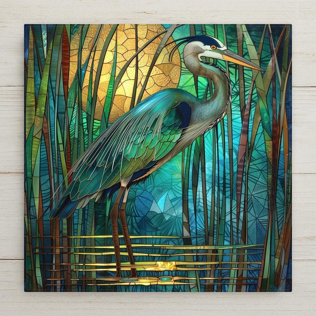 Graceful heron in stained glass-style mosaic art. Permanent ceramic sublimation print (not real glass). Available with premium frame, wall hanger, easel stand, or cork backing. A serene and elegant piece for nature and coastal décor lovers.