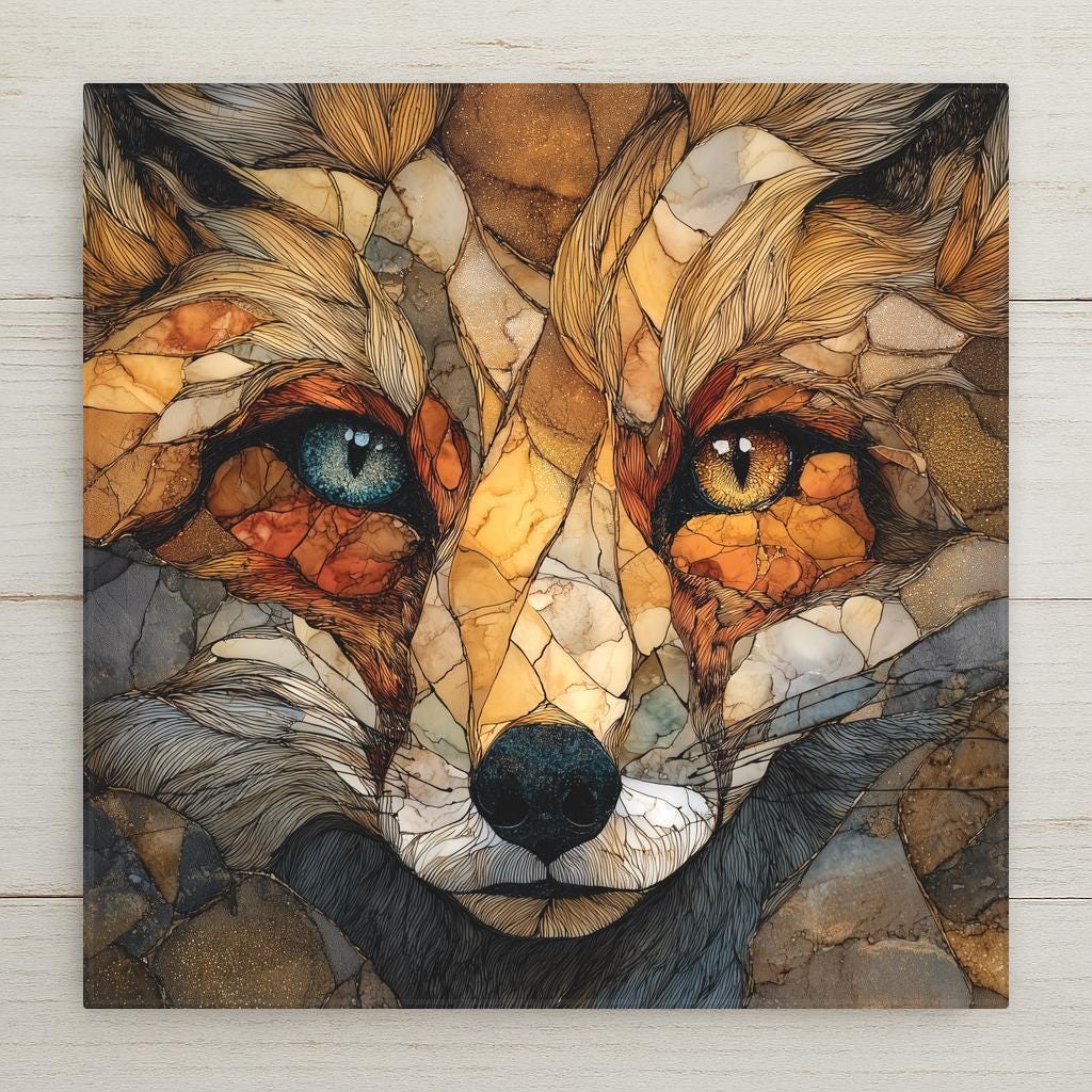 Fox stained glass style ceramic tile wall art