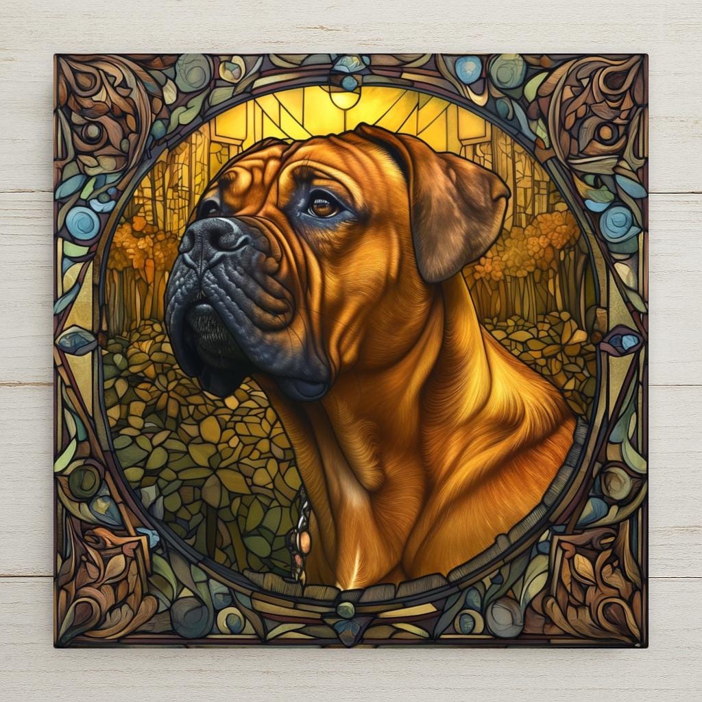 Stained glass style boxer dog ceramic tile portrait with warm amber and gold light on the dog's noble face against a cobalt and teal background, expressive eyes forward, a vivid and loving boxer dog memorial and pet tribute gift.