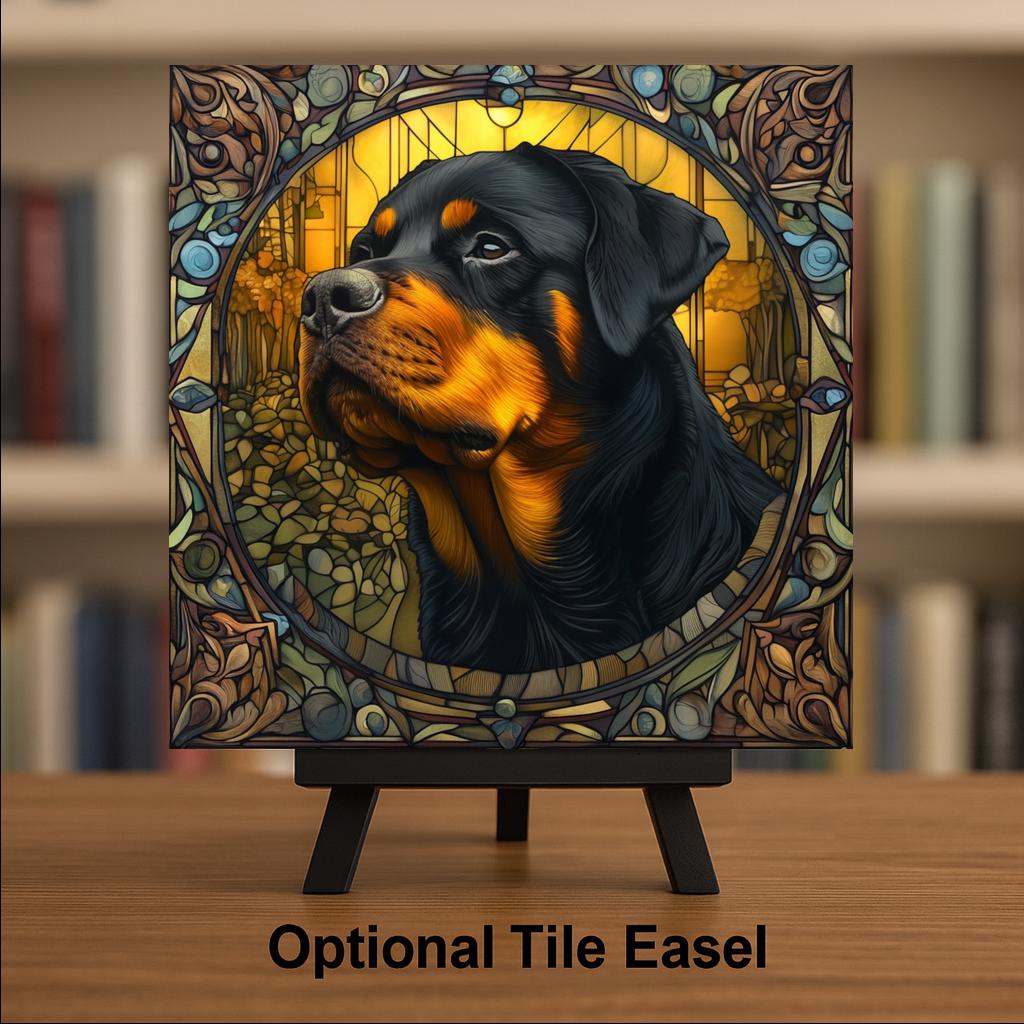 Rottweiler Memorial Stained Glass Style Ceramic Art Tile – Dog Remembrance Rainbow Bridge Wall Decor, Pet Loss Keepsake