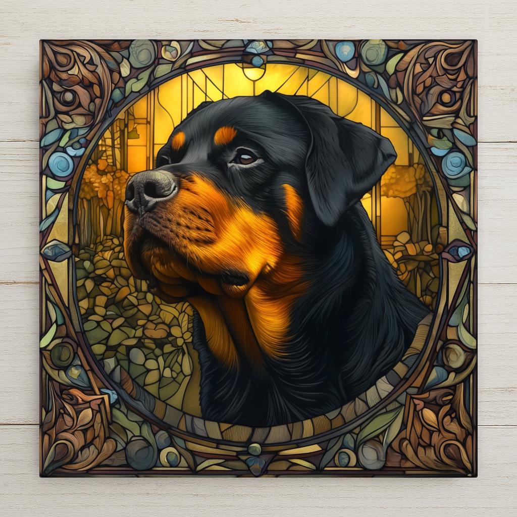 Stained glass style ceramic art tile of a Rottweiler portrait framed in leaded glass panels with a golden glow — a dog memorial and remembrance keepsake for pet loss.