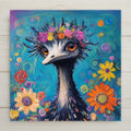 Whimsical painterly ceramic art tile of an emu wearing a floral crown, big expressive eyes against a swirling teal background surrounded by bold bright flowers, funky maximalist boho decor.