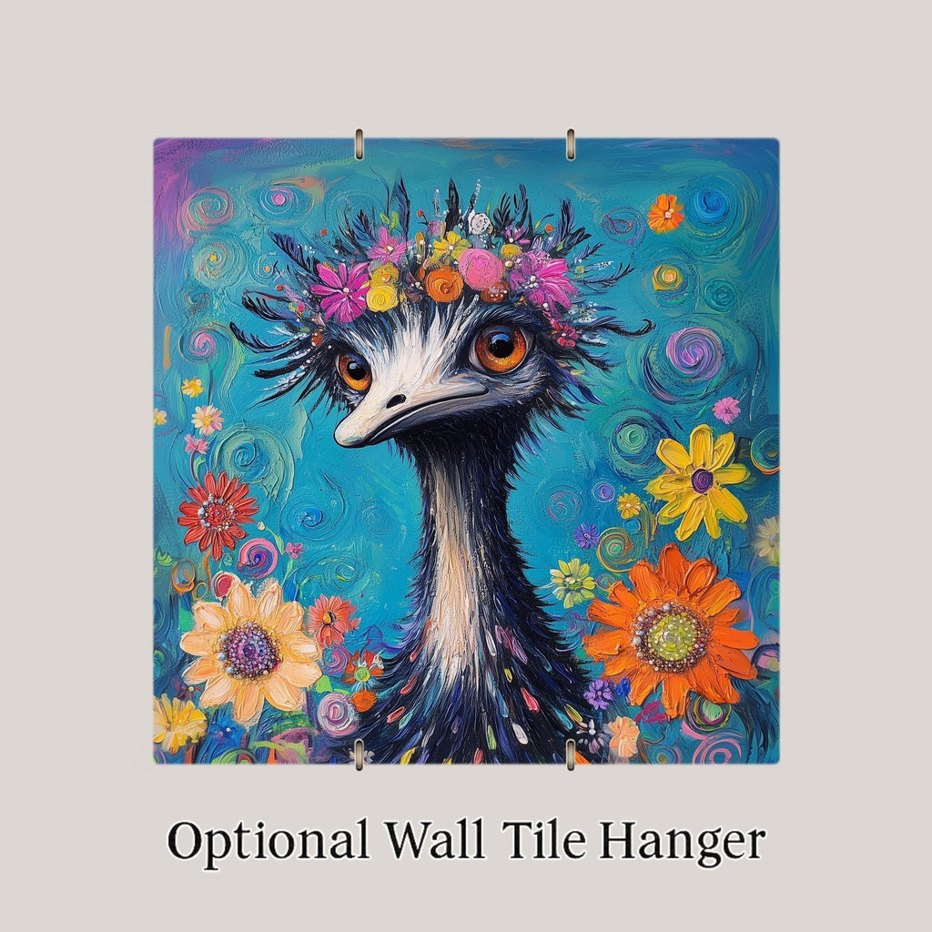 Emu Ceramic Tile Wall Art Maximalist Boho Floral Crown Bird Whimsical Colorful Eclectic Wall Decor