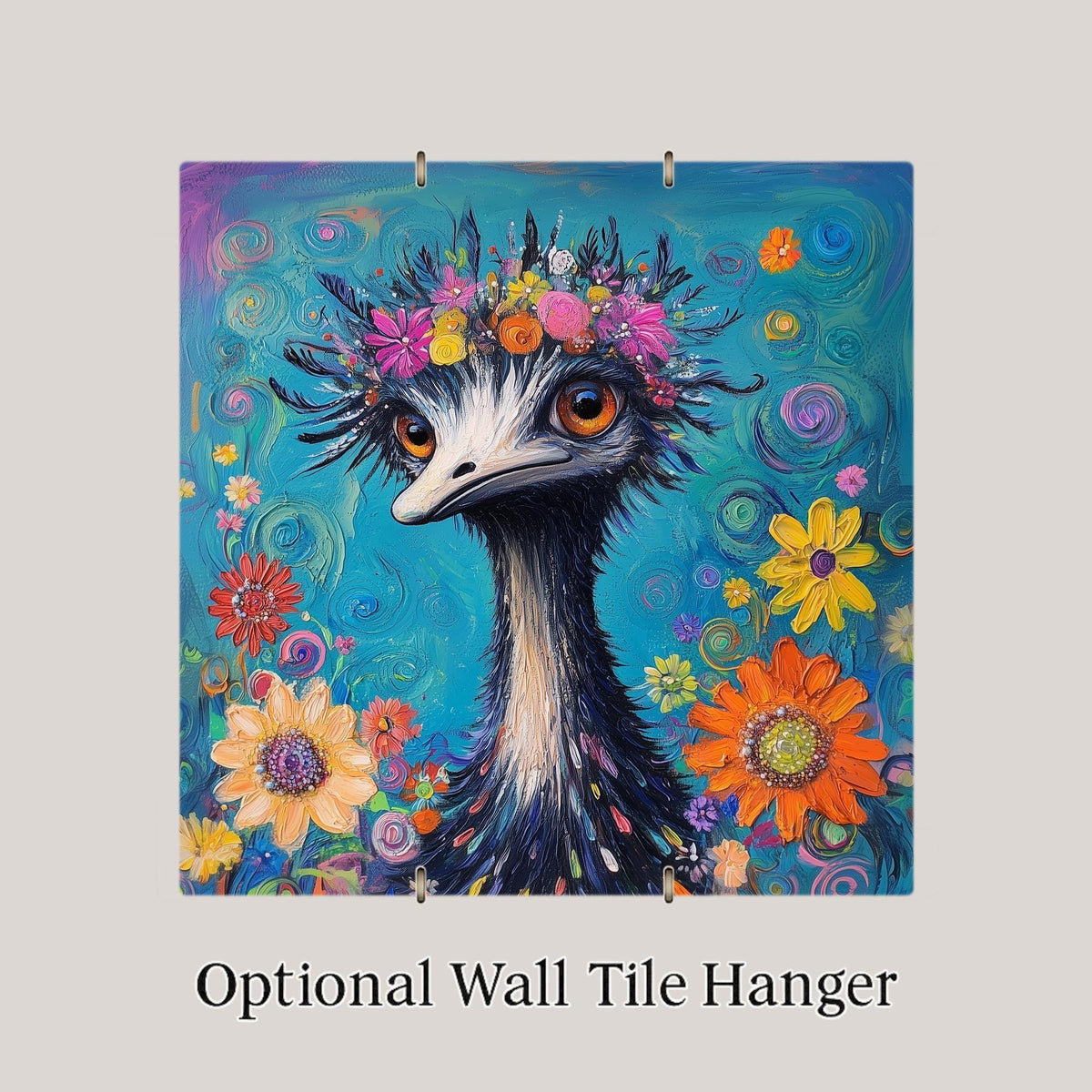 Emu Ceramic Tile Wall Art Maximalist Boho Floral Crown Bird Whimsical Colorful Eclectic Wall Decor