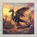 Fantasy dragon standing in desert landscape at sunset with cactus, mountains, and glowing warm light ceramic tile wall art.