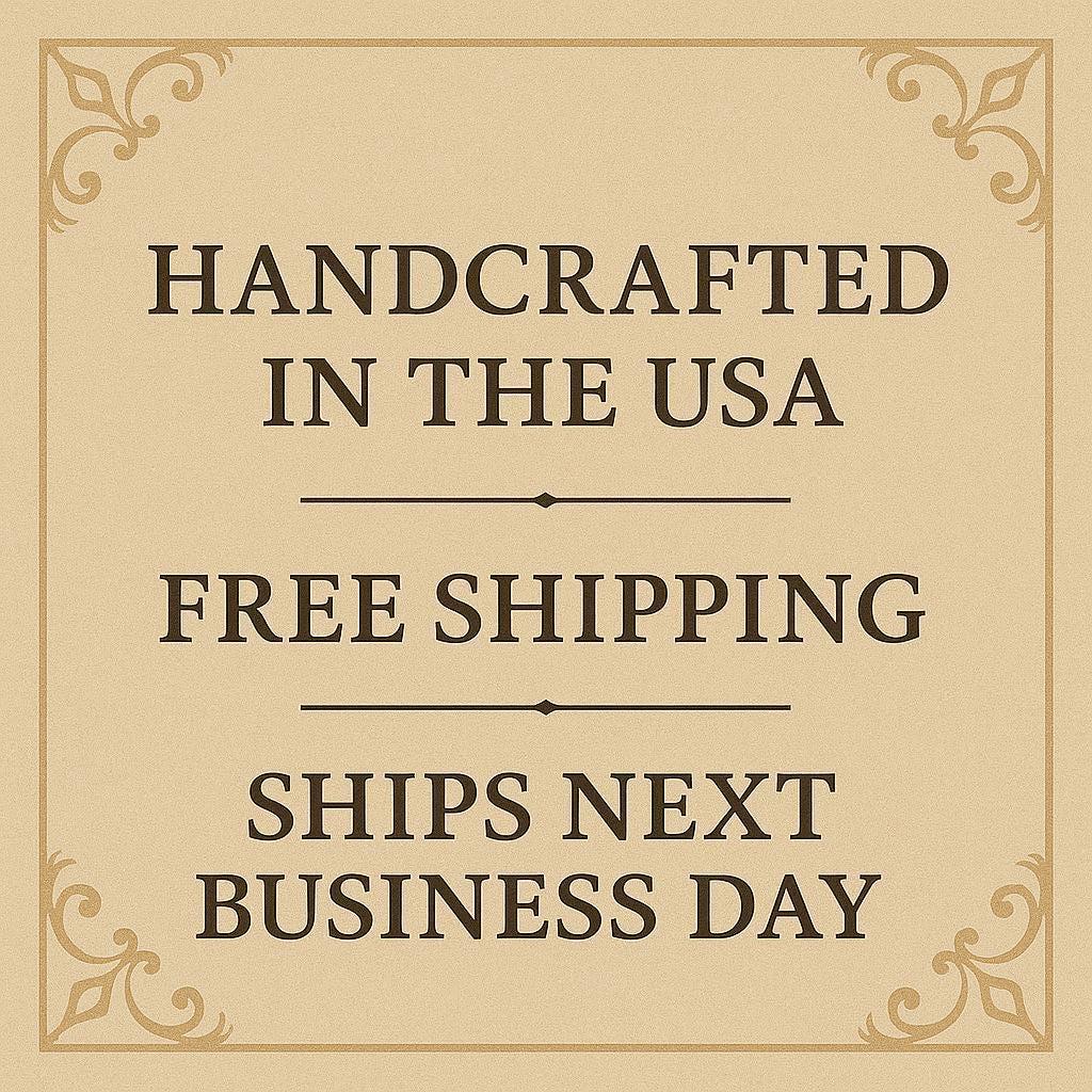 The image is a sign advertising a product, specifically a handmade item, that is free shipping and will be available for business the next day.