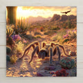 Realistic tarantula walking through desert landscape at sunset with cactus, mountains, and warm golden light ceramic tile wall art.