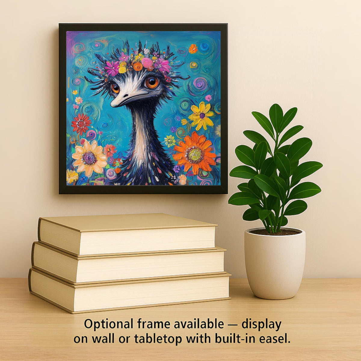 Emu Ceramic Tile Wall Art Maximalist Boho Floral Crown Bird Whimsical Colorful Eclectic Wall Decor