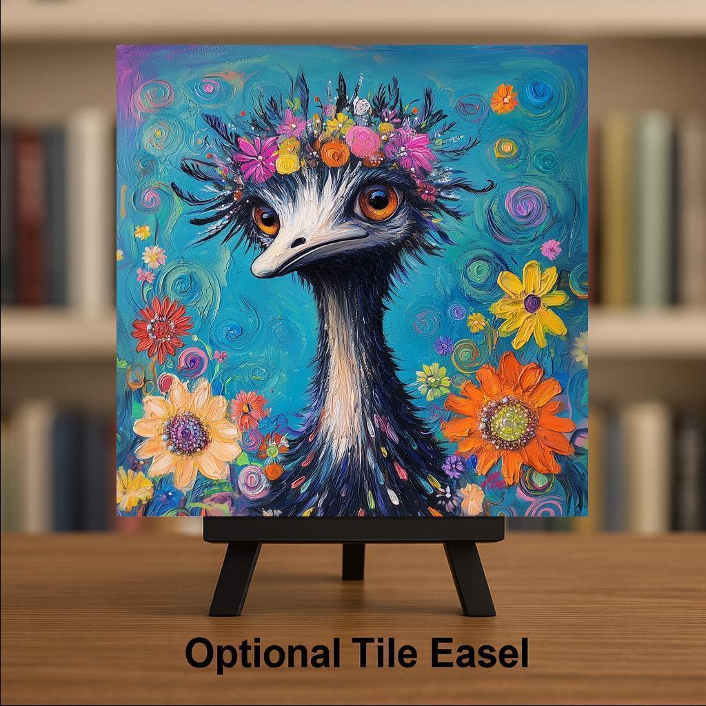 Emu Ceramic Tile Wall Art Maximalist Boho Floral Crown Bird Whimsical Colorful Eclectic Wall Decor