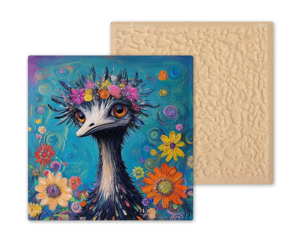 Emu Ceramic Tile Wall Art Maximalist Boho Floral Crown Bird Whimsical Colorful Eclectic Wall Decor