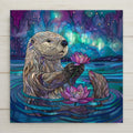Celebrate whimsy with this otter ceramic tile art! Featuring a stained glass style, pink lotus flowers, and glowing northern lights, it’s perfect for animal and nature lovers. Though it looks like stained glass, it’s a permanent ceramic print. Optional add-ons: tile wall hanger, easel tile stand, cork backing. A charming gift or decor piece!