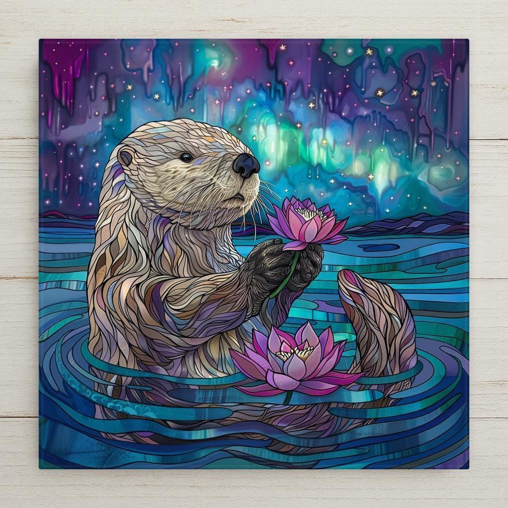 Celebrate whimsy with this otter ceramic tile art! Featuring a stained glass style, pink lotus flowers, and glowing northern lights, it’s perfect for animal and nature lovers. Though it looks like stained glass, it’s a permanent ceramic print. Optional add-ons: tile wall hanger, easel tile stand, cork backing. A charming gift or decor piece!