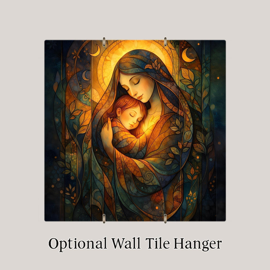 Mother and Child Spiritual Wall Art Ceramic Tile – Stained Glass Style, Peaceful Home Decor
