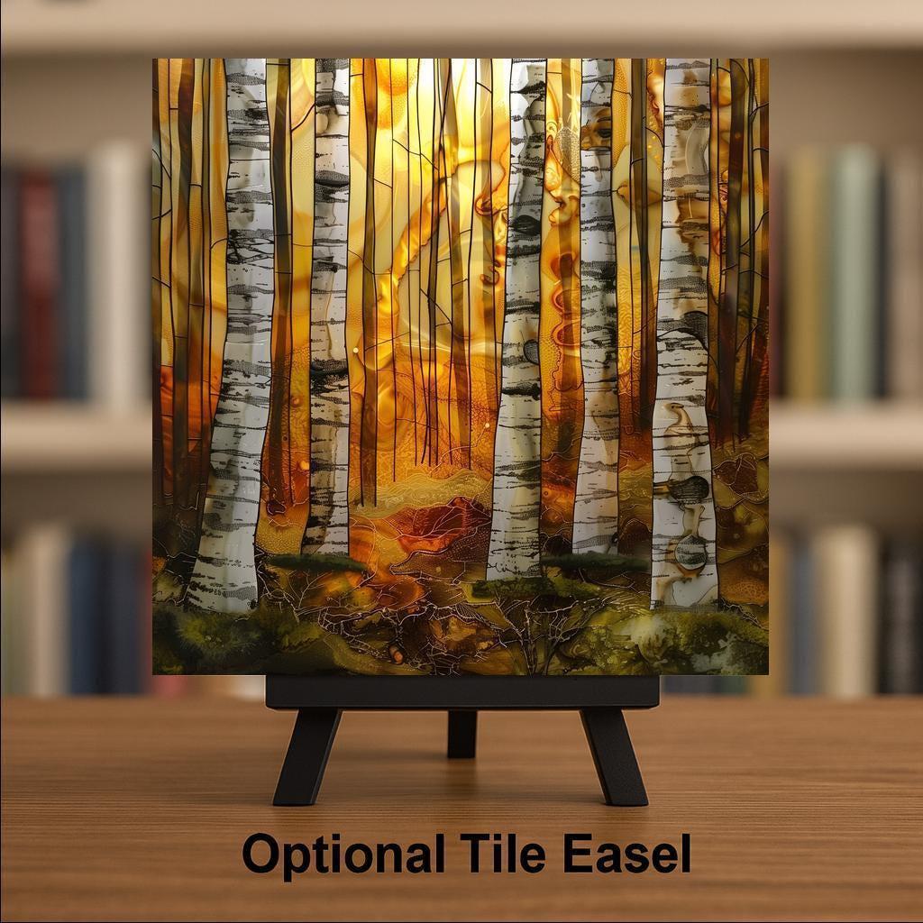 Birch Forest Wall Art Ceramic Tile Stained Glass Style Sunrise Woodland Decor Alcohol Ink Nature Art Gift Tile
