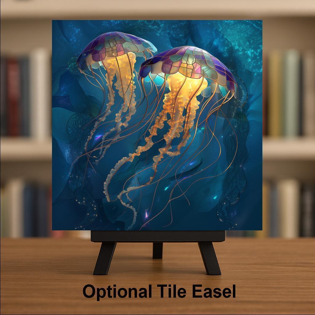 Jellyfish Ceramic Art Tile – Stained Glass Style Ocean Wall Decor, Coastal Beach House Nautical Gift