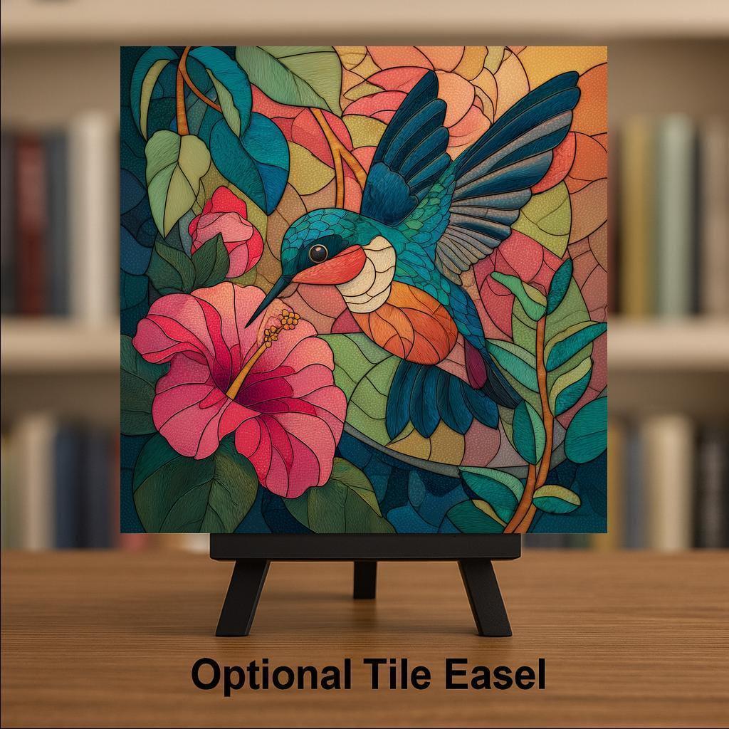 Hummingbird Stained Glass Style Ceramic Art Tile – Colorful Bird Wall Decor, Nature Lover Garden Gift