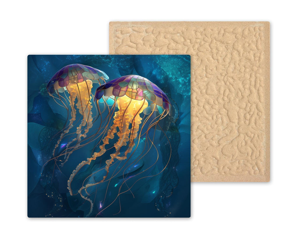 Jellyfish Ceramic Art Tile – Stained Glass Style Ocean Wall Decor, Coastal Beach House Nautical Gift