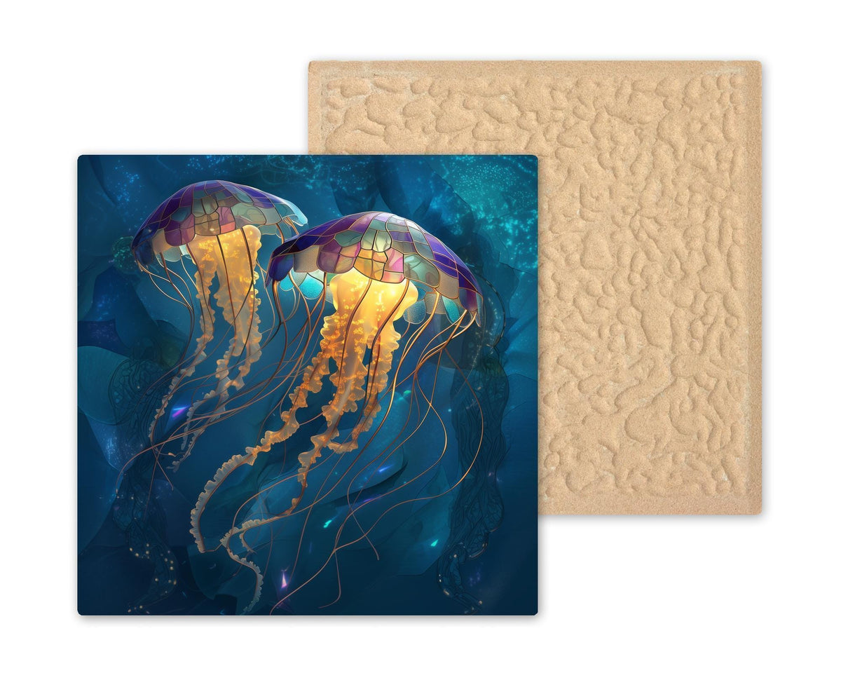 Jellyfish Ceramic Art Tile – Stained Glass Style Ocean Wall Decor, Coastal Beach House Nautical Gift
