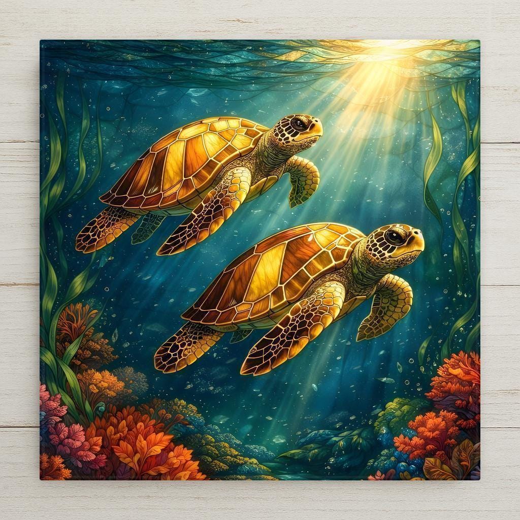 Stained glass style ceramic tile featuring two golden amber sea turtles swimming through deep teal ocean water with radiant sun rays from above. Jewel-toned coastal wall decor for beach house home decor and turtle lovers.