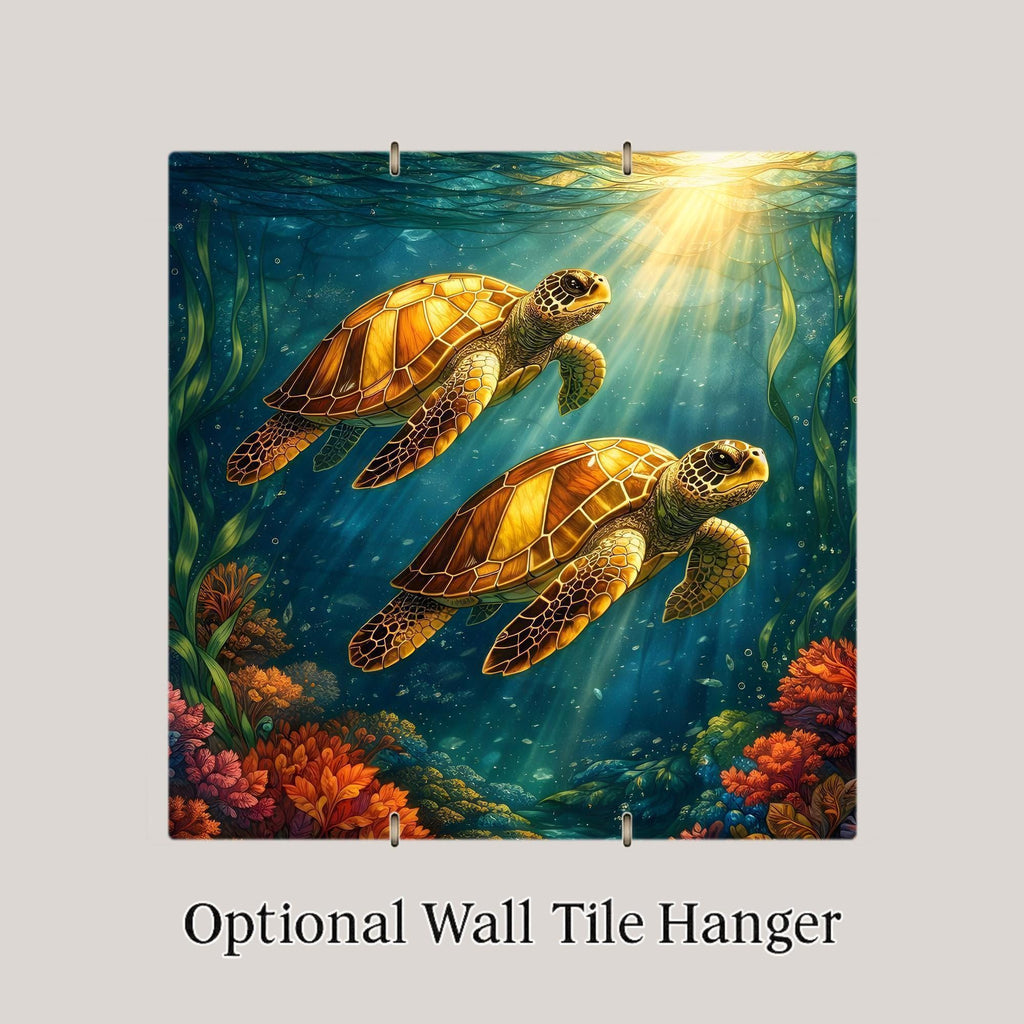 Sea Turtle Stained Glass Style Ceramic Art Tile – Coastal Ocean Wall Decor, Nautical Beach House Gift