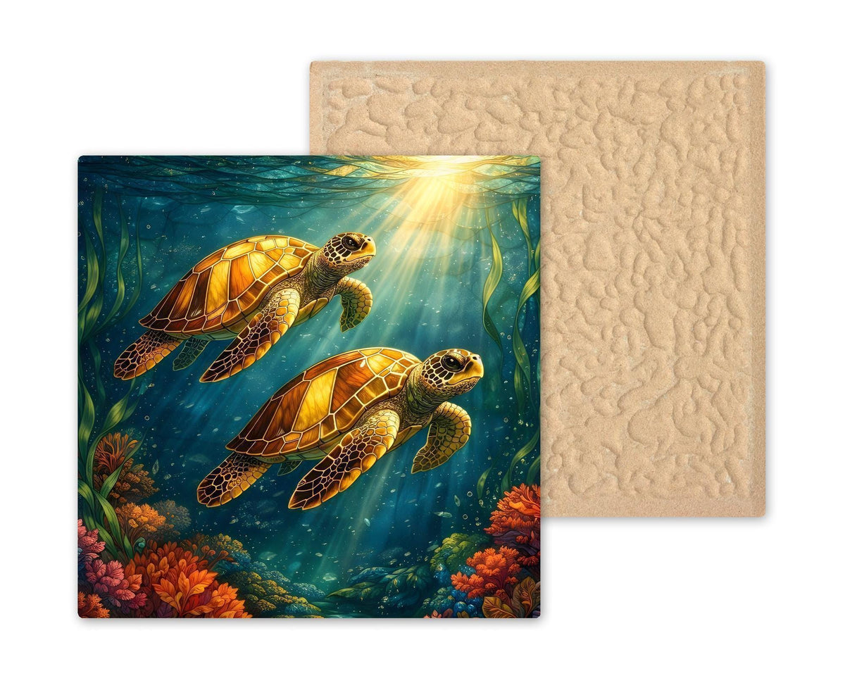 Sea Turtle Stained Glass Style Ceramic Art Tile – Coastal Ocean Wall Decor, Nautical Beach House Gift