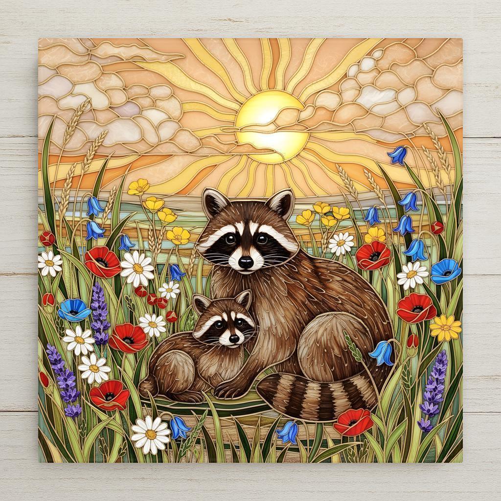 Stained glass style ceramic art tile of a mother raccoon and baby raccoon in a wildflower meadow of poppies daisies and lavender at sunrise, woodland nursery and baby shower decor.