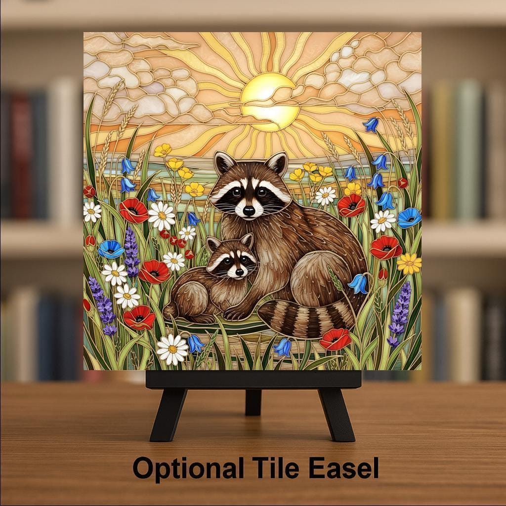 Mother and Baby Raccoon Stained Glass Style Ceramic Art Tile – Woodland Nursery Wall Decor, New Mom Keepsake