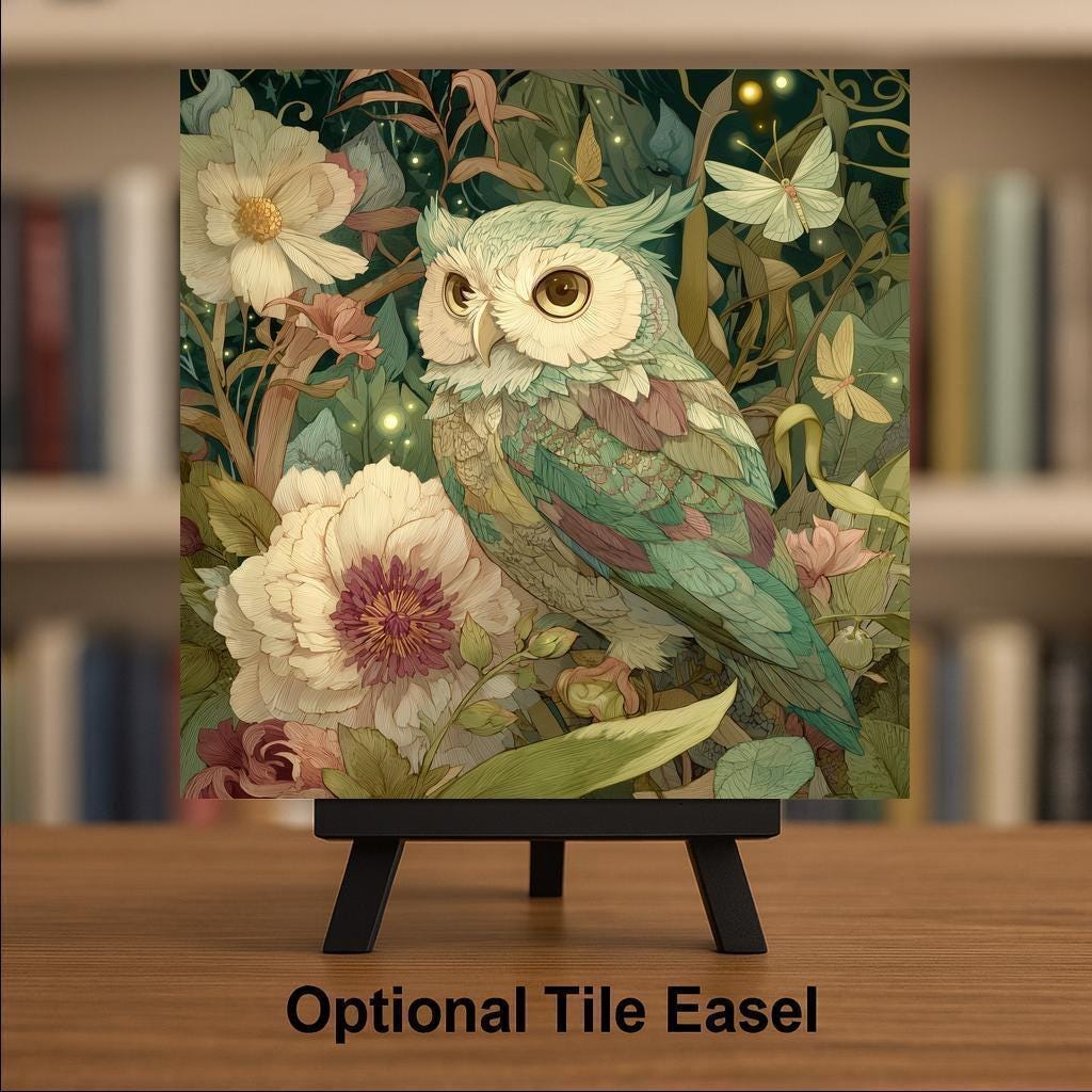 Owl Ceramic Art Tile – Stained Glass Style Botanical Wall Decor, Woodland Nature Owl Lover Gift