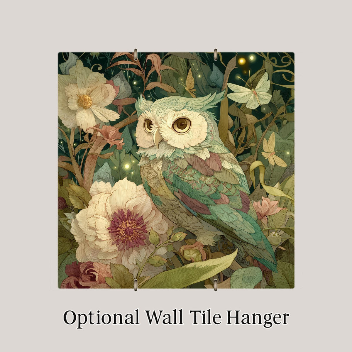 Owl Ceramic Art Tile – Stained Glass Style Botanical Wall Decor, Woodland Nature Owl Lover Gift