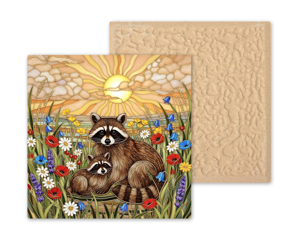 Mother and Baby Raccoon Stained Glass Style Ceramic Art Tile – Woodland Nursery Wall Decor, New Mom Keepsake