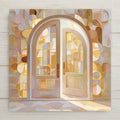 Symbolic open doorway ceramic tile wall art representing new beginnings, light, and opportunity. Stained glass–style abstract design in warm neutral tones, ideal for spiritual wall decor, mindfulness spaces, and meaningful home accents. This artwork is a permanent print on ceramic tile, not real stained glass or mosaic. Optional tile wall hanger, easel tile stand, cork backing, and premium frame option available.