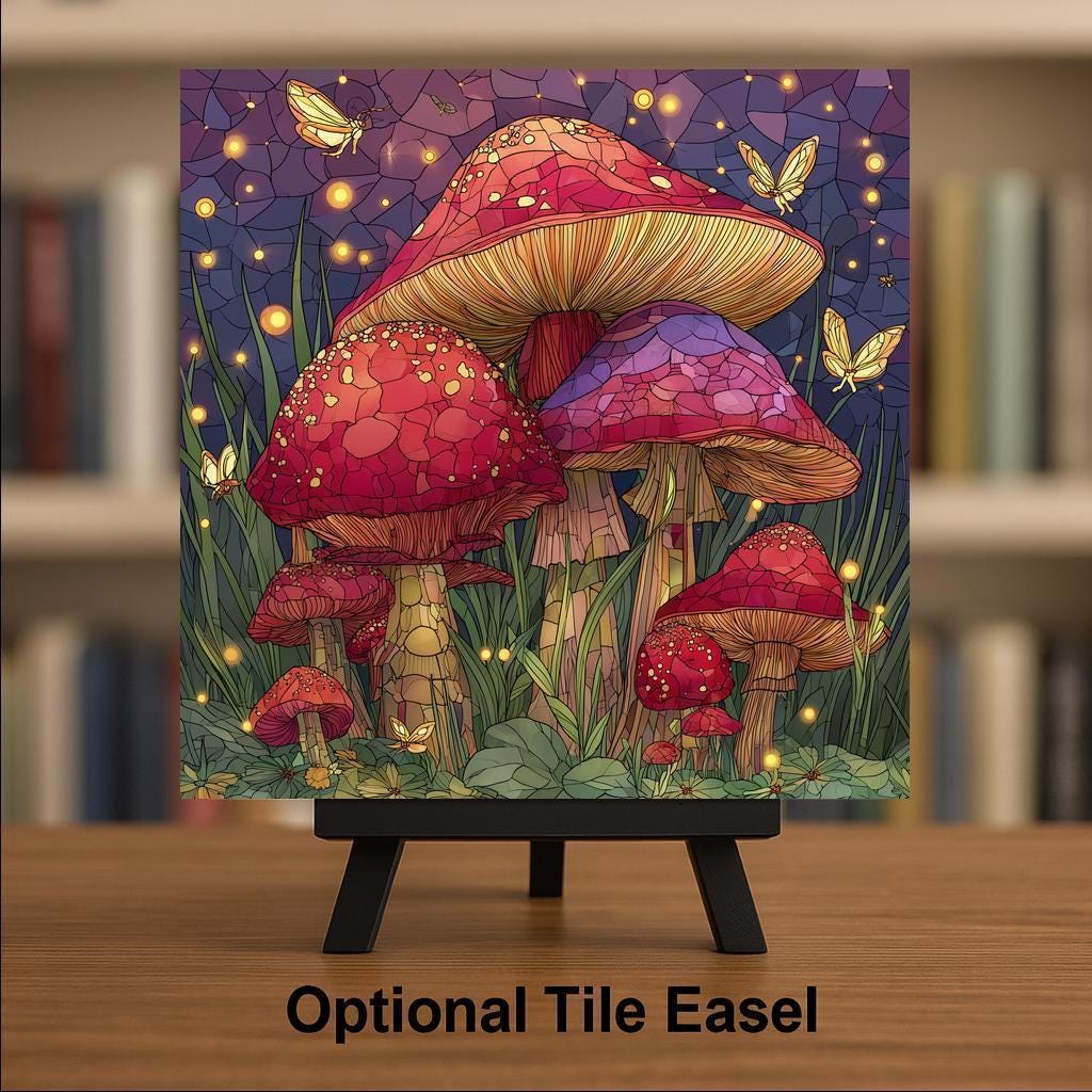 Woodland Mushroom Wall Art Ceramic Tile Fairycore Gift Whimsical Decor Stained Glass Nature Art Gift Tile