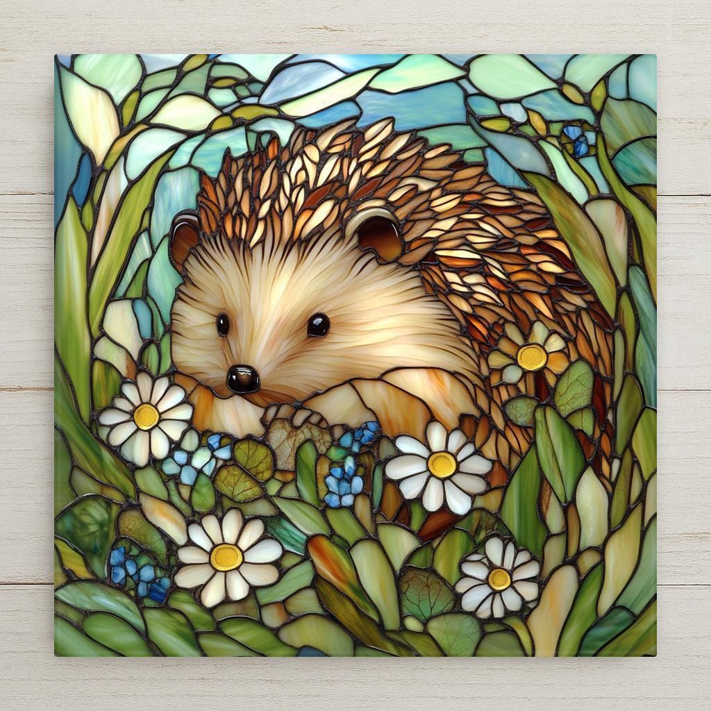 Stained glass hedgehog tile wall decor. Perfect cottagecore ceramic tile and hedgehog wall art. Great woodland animal decor, garden tile, and animal lover gift for spring.