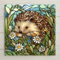 Stained glass hedgehog tile wall decor. Perfect cottagecore ceramic tile and hedgehog wall art. Great woodland animal decor, garden tile, and animal lover gift for spring.