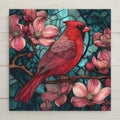 Stunning red cardinal stained-glass style ceramic tile featuring vibrant blossoms, glowing teal background, and intricate artisan detailing for farmhouse, cottagecore, and nature wall decor. Perfect gift for bird lovers.