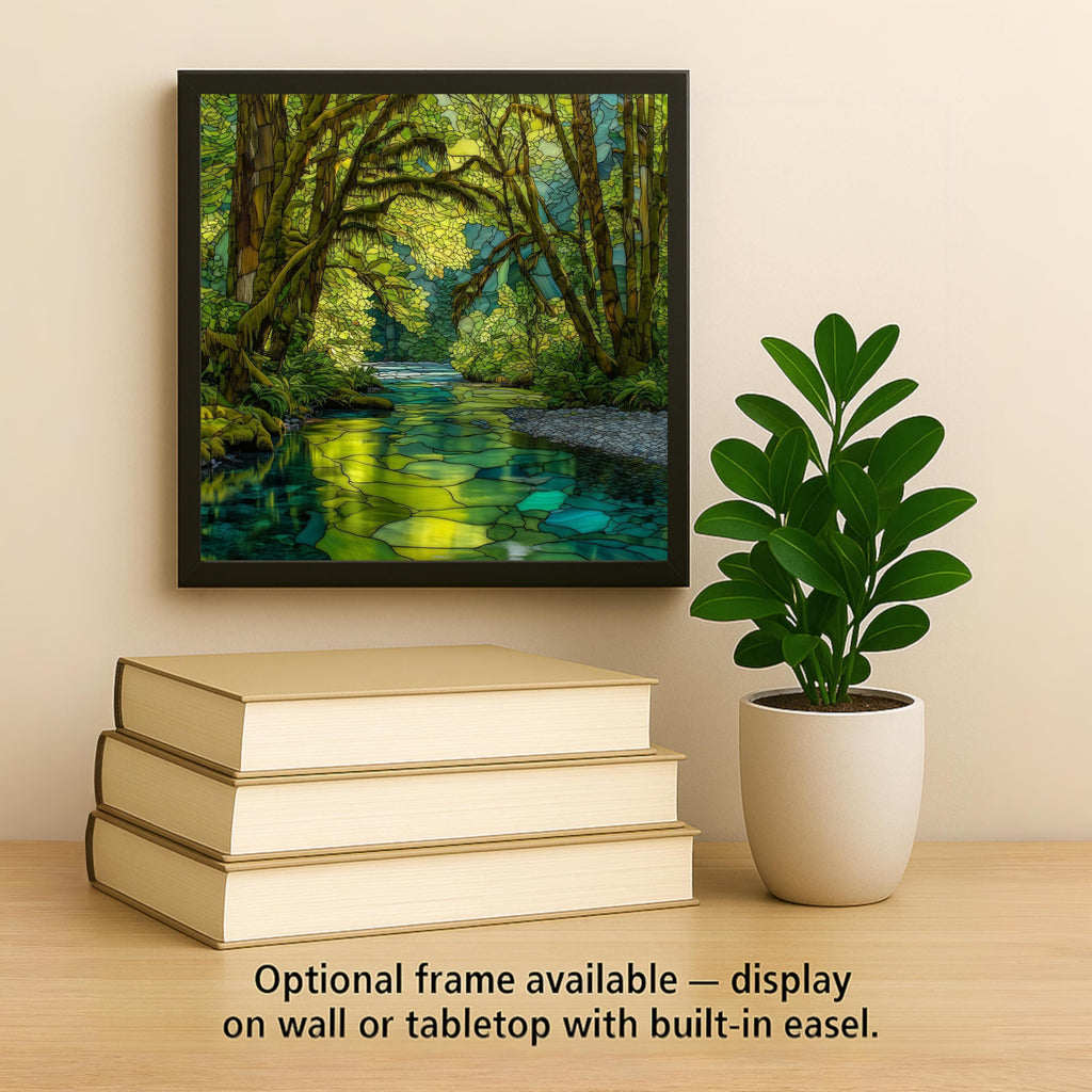 Hoh Rain Forest Ceramic Tile Wall Art – Mossy Forest Creek Stained Glass Style, Olympic National Park Nature Home Decor