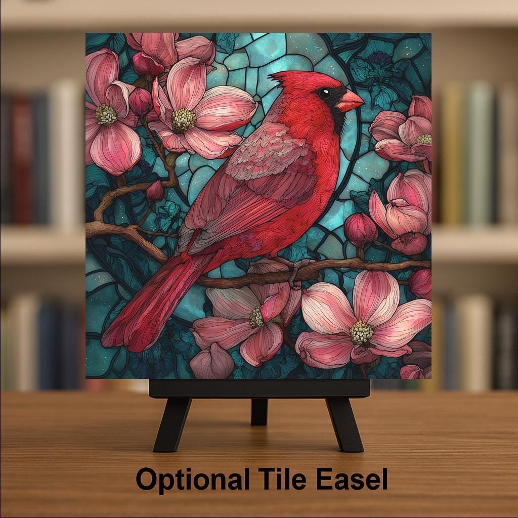 Red Cardinal Wall Art Ceramic Tile – Stained Glass Style Bird Decor Home, Memorial Gift
