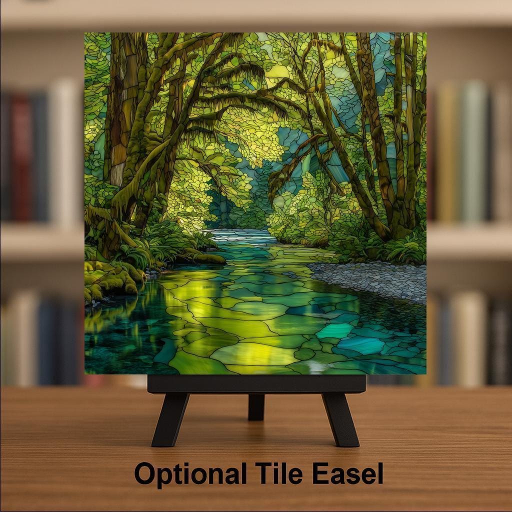 Hoh Rain Forest Ceramic Tile Wall Art – Mossy Forest Creek Stained Glass Style, Olympic National Park Nature Home Decor