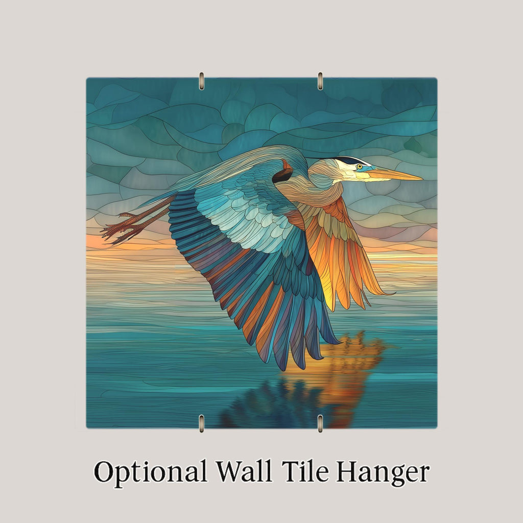 Blue Heron Stained Glass Style Ceramic Art Tile – Coastal Bird Wall Decor, Birdwatcher Lake House Gift