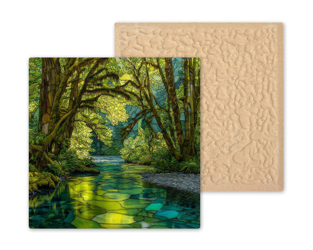 Hoh Rain Forest Ceramic Tile Wall Art – Mossy Forest Creek Stained Glass Style, Olympic National Park Nature Home Decor
