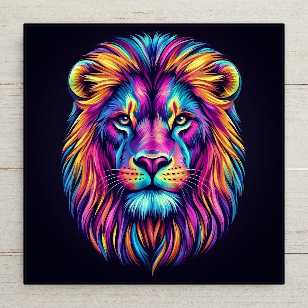 Stained glass style Leo zodiac ceramic tile with a regal golden lion against a deep cobalt and teal celestial sky, warm amber fire energy in the mane and Leo constellation details, a vivid Leo birthday gift and zodiac home decor tile.