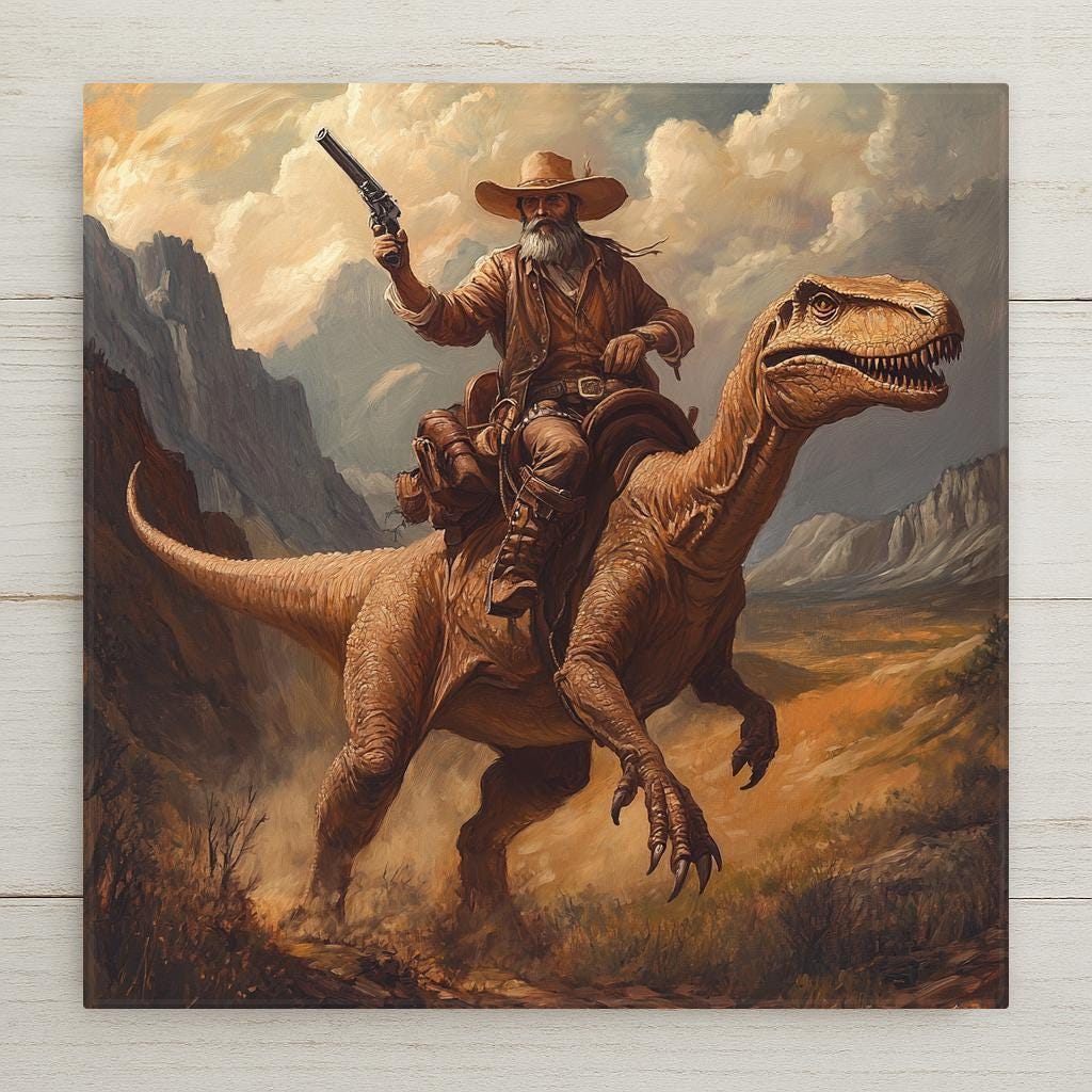 Unleash your inner outlaw with this jaw-dropping cowboy riding a dinosaur ceramic tile. Painted in a realistic and painterly Western style, the tile depicts an old-school gunslinger commanding a roaring velociraptor through a cinematic mountain landscape. Whether you display it on your wall, use it as a functional trivet, or gift it to a dino-obsessed friend, this piece is bound to draw attention. Great for lodge-style homes, fantasy collectors or Western art lovers.