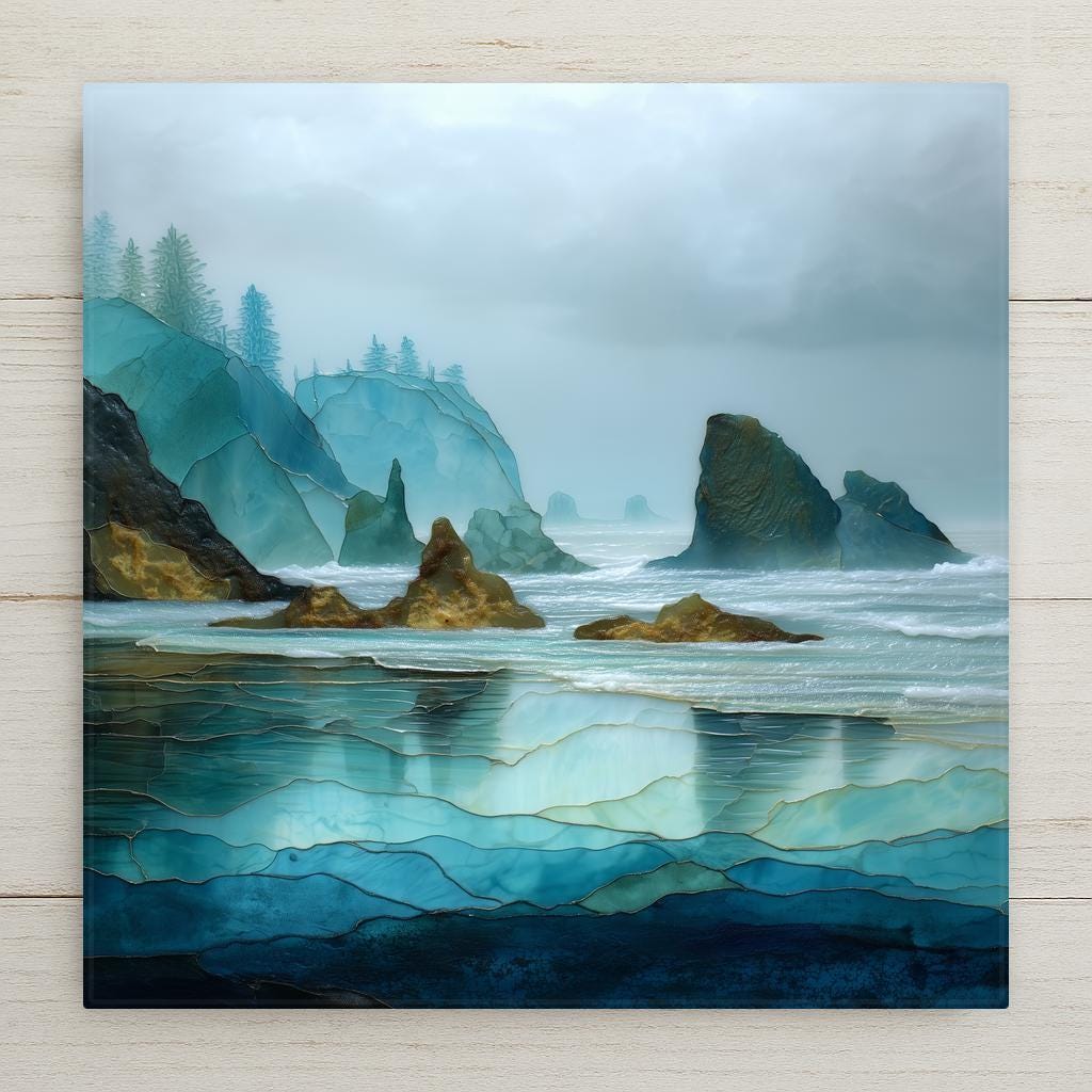 Olympic Coast ceramic tile wall art featuring misty sea stacks and ocean waves along Washington’s Pacific shoreline. Coastal stained glass style landscape on smooth ceramic tile. Optional wall hanger, easel stand, cork backing, or premium frame available.