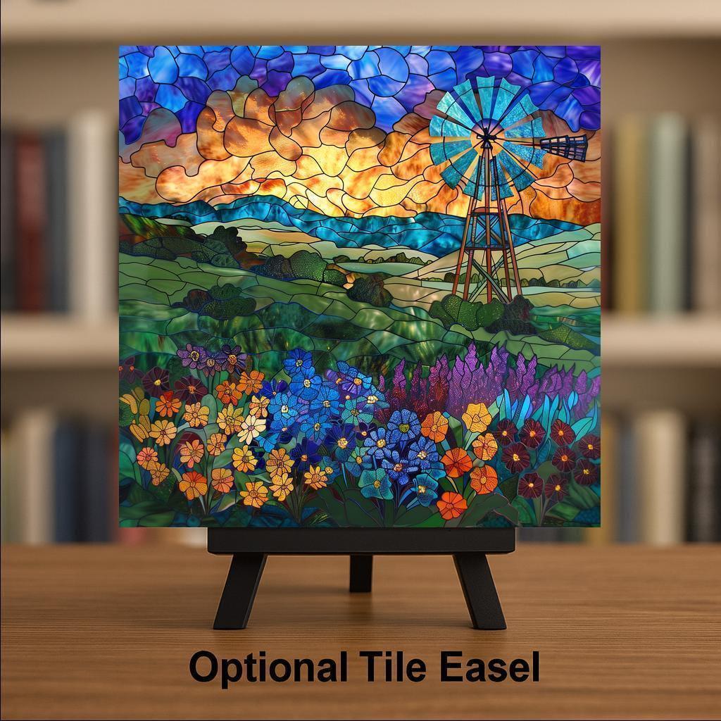 Hill Country Windmill Wall Art Ceramic Tile Texas Gift Stained Glass Style Decor Ranch Landscape Art Country Gift Tile