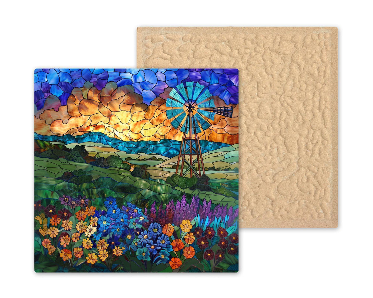 Hill Country Windmill Wall Art Ceramic Tile Texas Gift Stained Glass Style Decor Ranch Landscape Art Country Gift Tile