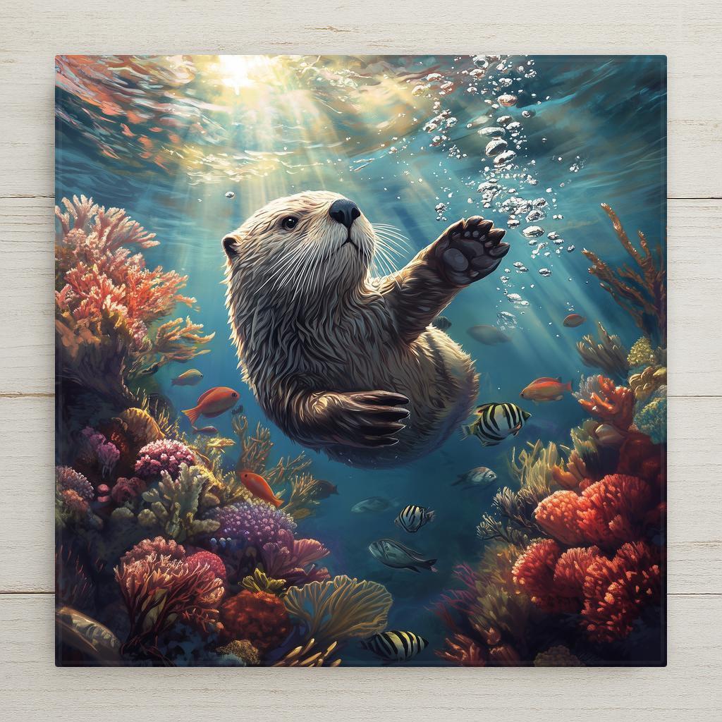 This sea otter ceramic tile wall art brings a touch of ocean charm to bathrooms, nurseries, or coastal-themed homes. It makes an adorable marine animal gift for beach enthusiasts.