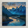 Snake River ceramic tile wall art featuring a winding river at sunset beneath the Teton Range in Grand Teton National Park, Wyoming, shown in a stained glass style mosaic. Square mountain river tile artwork suitable for wall or tabletop display with optional wall hanger, easel stand, cork backing, or premium frame.