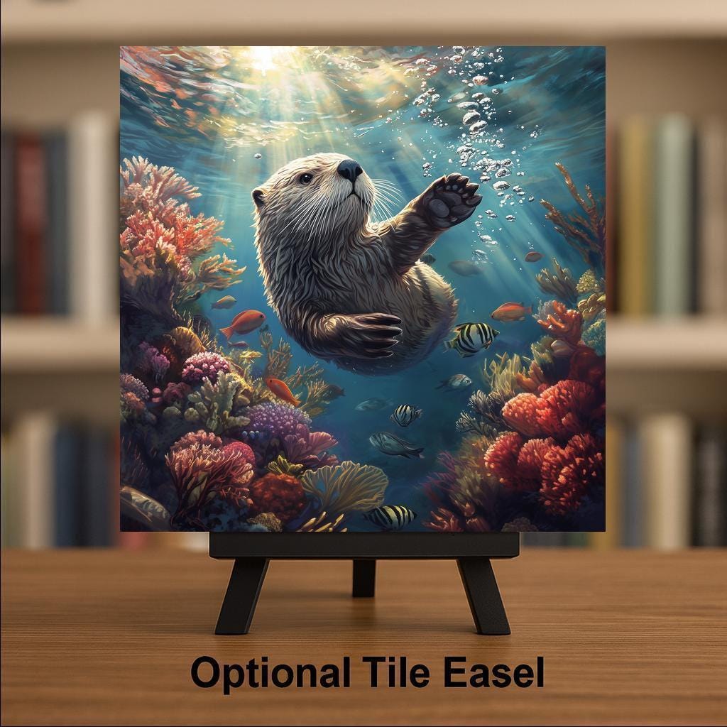 Sea Otter Ceramic Tile - Coastal Beach House Decor - Ocean Animal Wall Art for Bathroom
